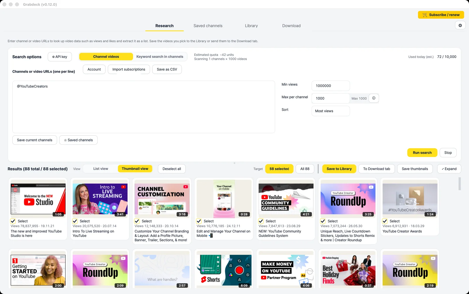 Grabdeck Research tab: the YouTube Creators channel's videos above 1,000,000 views, shown as thumbnails with view counts and dates